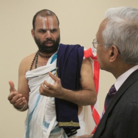 Hindu priest Venkata Laxmi Narsimhacharyulu Trichukachi (left) talks to Dr. Ram Bandi as they stand in the community area of the new Sree Venkateswara Temple as final preparations are being made for the grand opening 7-day celebration in May 2013, in Richfield, Ohio. (Karen Schiely/Akron Beacon Journal)